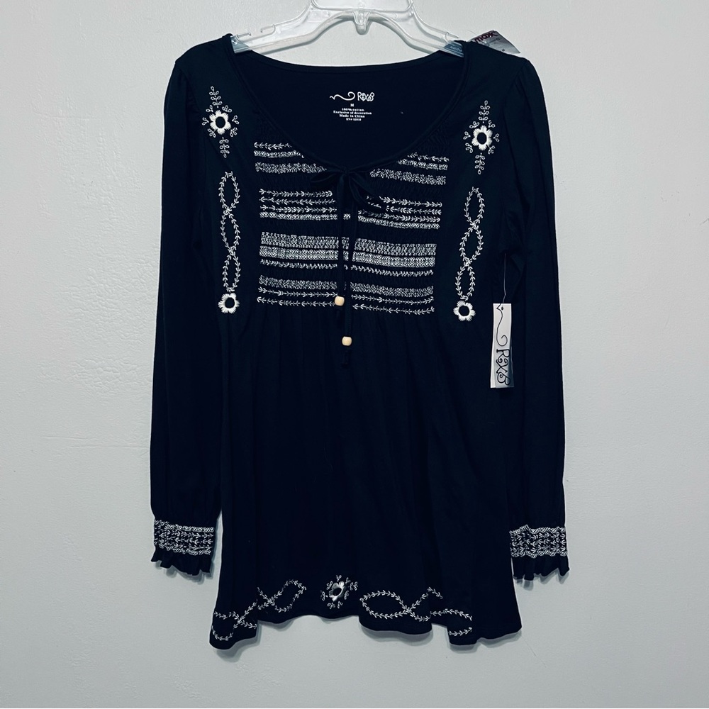 RXB Southwestern Smocked‎ Boho Embroidered Black Tunic Sustainable M